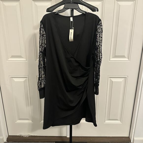 Agnes Orinda Plus Size 2X Black Dress Deep V Neck Faux Wrap Sheer Sleeves - Picture 1 of 3